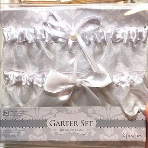 White silk bridal garter set